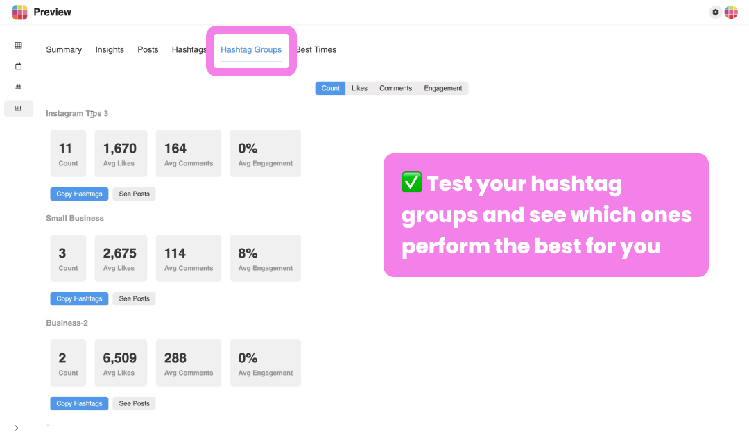Instagram insights on Desktop: Hashtag Groups Analytics